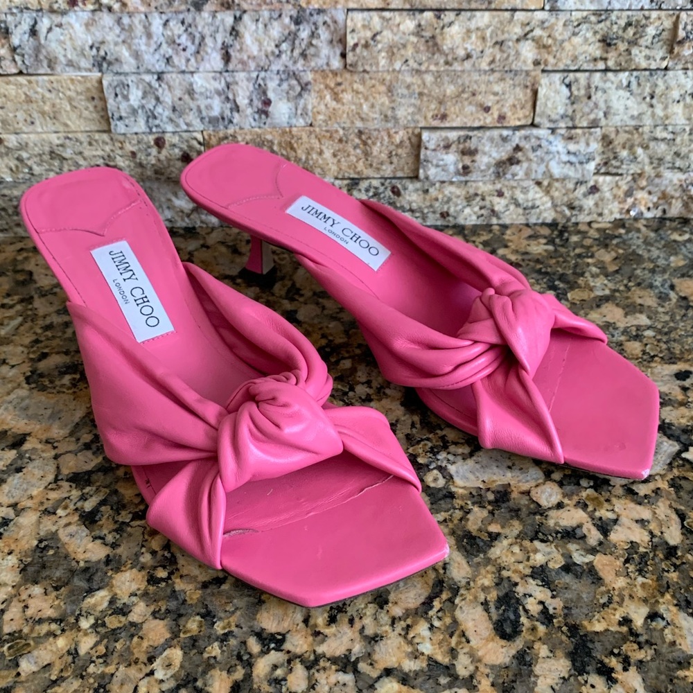 Jimmy Choo Avenue 50 Pink Kitten Heel Knot Sandals Shoes. In stores